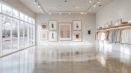 A boutique store display with framed fashion posters above clothing racks, elegant lighting fixtures illuminating the space, polished concrete floors, and minimalist decor,