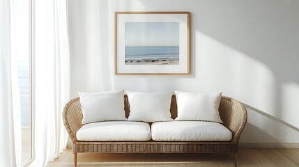 A bright and airy beach house interior with a framed coastal painting above a wicker couch, soft sunlight from large windows, ocean views in the background, white curtains,