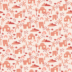 Whimsical Desert Dreams Seamless Pattern with Stylized Houses and Palm Trees. Vector illustration. Suitable for children projects, wallpaper and stationary.