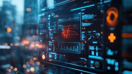 Obraz premium Digital healthcare technology featuring electronic medical records displayed on a futuristic, glowing screen.