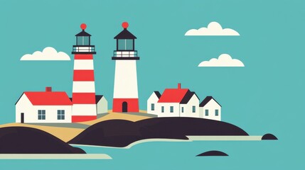 Lighthouse with bold red stripes and white minimalist houses. Simple design with soft coastal background