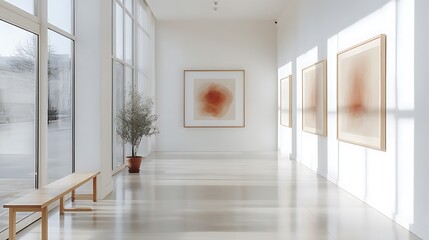 Fototapeta premium A bright, modern hallway with sleek floors, framed abstract paintings on the walls, natural light flooding in from large windows, clean lines, and minimalist decor for a serene and elegant feel.