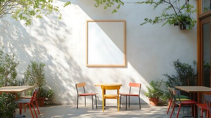 A bright outdoor cafe patio with colorful chairs, a framed poster on the exterior wall under a canopy, sunlight streaming through, plants and small trees surrounding the tables,