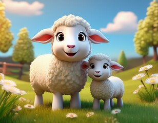 Fototapeta premium Cute Cartoon Sheep and Lamb Characters in a Meadow