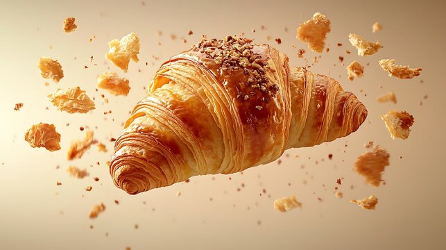 A buttery croissant hovering in mid-air at a slight angle, with flaky crumbs gently falling around it, set against a pastel cream background. Warm lighting and soft shadows add depth and realism,