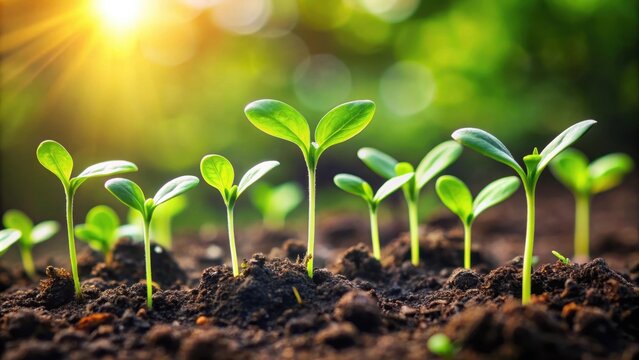 Fresh green sprouts growing in soil , organic, healthy, growth, plant, gardening, agriculture, food, natural, vegetables