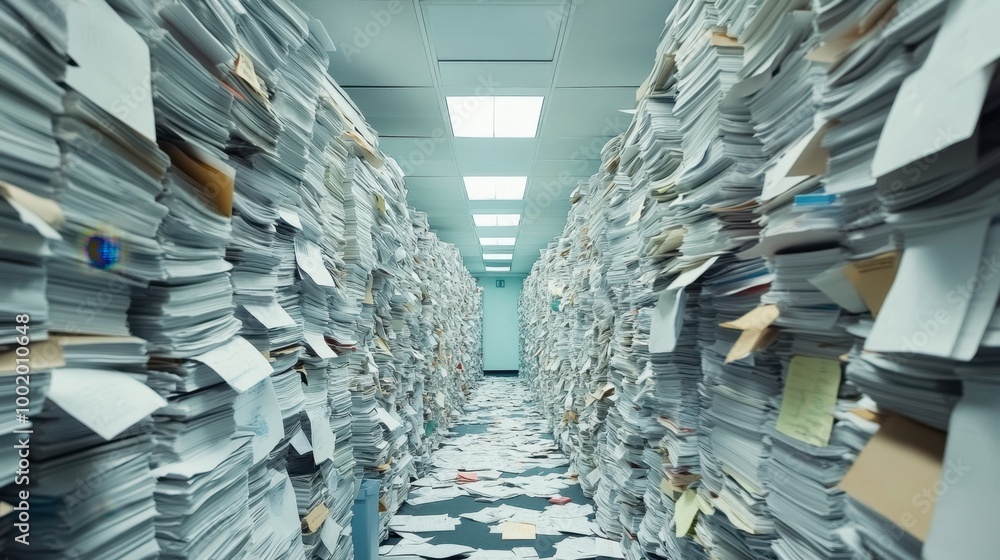 Aufkleber documents piled high in the middle of an empty office hallway, creating a chaotic and cluttered atmo