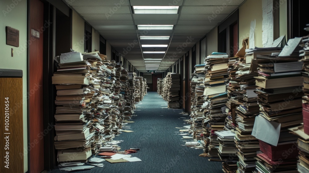 Aufkleber documents piled high in the middle of an empty office hallway, creating a chaotic and cluttered atmo