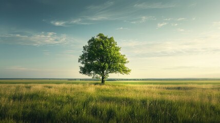 Fototapeta premium Serene Lone Tree in Expansive Green Field