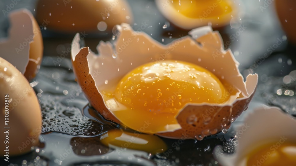 Poster fresh eggs with yolk and shell on wet surface