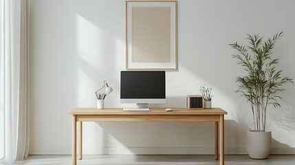 Fototapeta premium A clean, minimalist home office with a wooden desk, a sleek computer setup, a vertical framed artwork hanging on the wall behind, soft natural light coming from a window, modern decor,