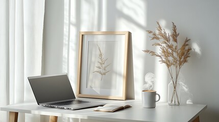 A clean, modern desk with a framed picture next to an open laptop, a coffee cup steaming beside it, soft natural light from a nearby window casting gentle shadows, minimalistic decor,