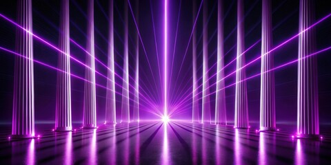 Obraz premium Thin purple laser beams shine past columns background, laser, beams, purple, columns, background, abstract, futuristic, vibrant
