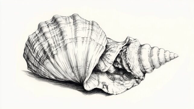 Artistic ink drawing of a seashell highlighting its fine details and organic form. Subtle shadows and clean lines