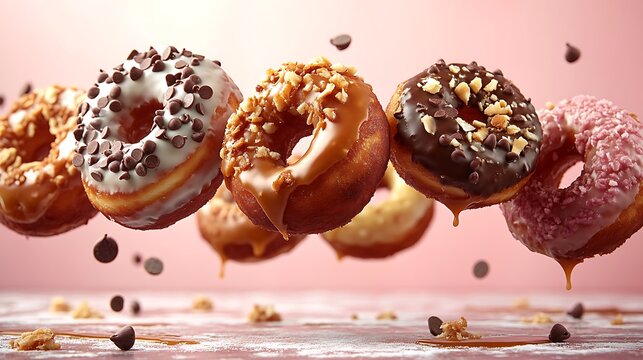 A cluster of donuts with various toppings—coconut flakes, chocolate chips, caramel drizzle—floating in a staggered formation against a pastel pink background.