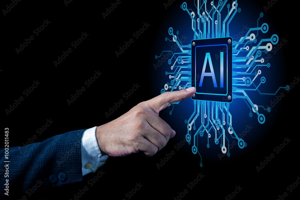 Poster future technology touch screen interface. businessman hand touching on screen interface ai (artifici
