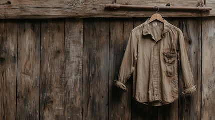 Naklejka premium Discolored and musty shirt hanging from a rusty hook in an old barn, weathered fabric, timeworn