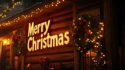 Naklejka premium The cozy cabin glows with Christmas lights and festive decorations all around