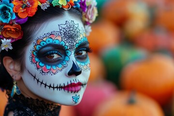 Traditional Day of the Dead face art with intricate floral designs.