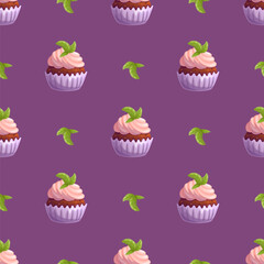 Seamless pattern with chocolate cupcake with pink cream. Vector illustration.
