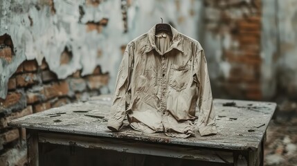 Faded and musty buttonup shirt lying crumpled on an old, cracked dresser, stale clothing, abandonment