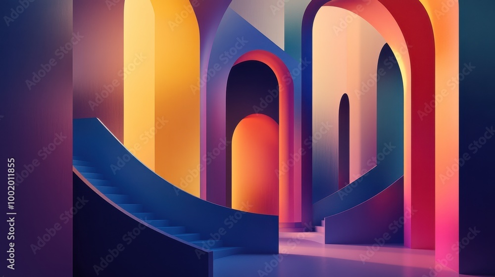 Poster elegant abstract architecture with smooth gradients, blending modern geometry with vibrant colors.