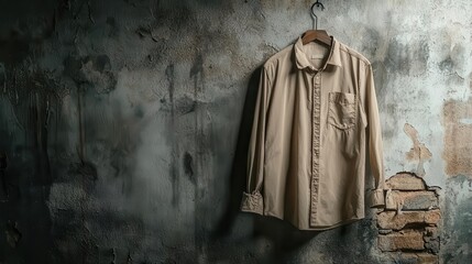 Naklejka premium Mildewstained shirt hanging in a dark, humid basement, light seeping through cracks, musty environment, decay