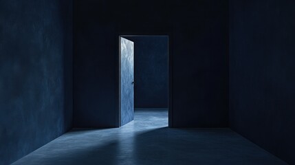 Mock up frame in a minimalist, empty secret room with deep navy walls and a concealed trapdoor in the wall