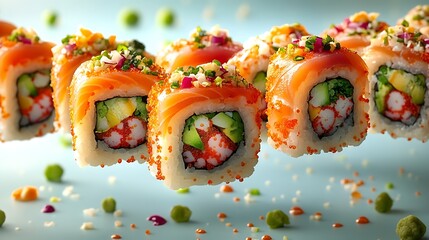 A colorful display of sushi rolls with unique toppings levitating in mid-air, with pieces slightly rotated to reveal the fillings, against a pale blue backdrop.