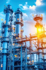A large industrial complex with tall towers and pipes against a bright blue sky with clouds.