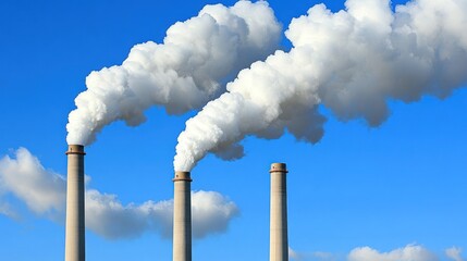 Three industrial chimneys with smoke billowing into a clear blue sky.