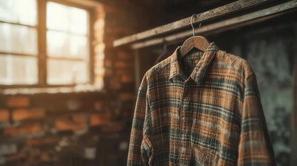 Obraz premium Old plaid shirt hanging in a forgotten closet, mildew creeping along the fabric, damp clothing, neglect