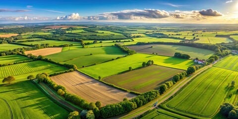Fototapeta premium Aerial view of lush green fields in Berryfields, Aylesbury, England under the sunshine , countryside, landscape