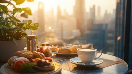 A gourmet breakfast spread on an elegant terrace with a panoramic view of a modern city skyline.