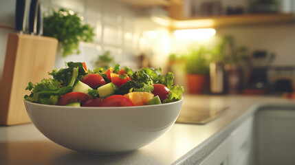 A vegetable salad in a white bowl on a kitchen countertop, with soft lighting highlighting the freshness of the ingredients