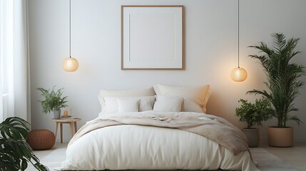 A contemporary bedroom with a framed artwork above the bed, warm lighting from bedside lamps, soft pillows, cozy blankets, potted plants around the room,