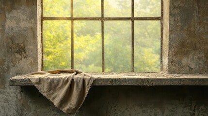 Shirt draped over a moldy windowsill, light filtering through, musty environment, decay