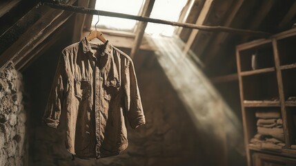 Fototapeta premium Shirt with musty odor and mildew stains hanging in a forgotten attic, light beaming through dusty windows, neglected clothing, aged