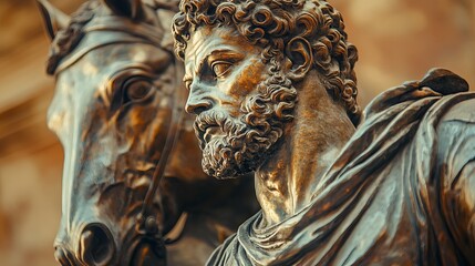 Close-up of the bronze equestrian statue of Marcus Aurelius in the Capitoline Museums; note the lively expression, rich patina, and historical and cultural themes. December 31, 2018. Rome, Italy's Cap