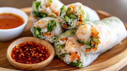 Fresh Spring Rolls with Dipping Sauce on Wooden Plate