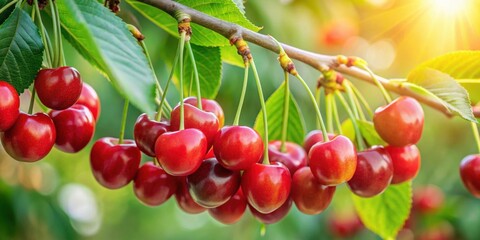 Obraz premium Close up of ripe cherry fruits on a cherry tree branch , cherry, tree, fruit, ripe, close-up, red, organic, fresh, juicy