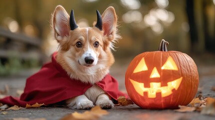 Corgi in Costume with Pumpkin for Halloween Celebration