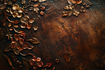 Hand-carved wooden surface with floral and nature-inspired patterns, adding an artistic and handcrafted touch to the wooden texture background. wood wallpaper 