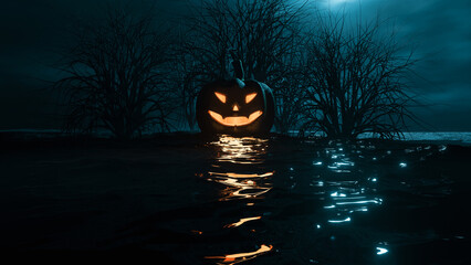 Mystical Scene With Pumpkin Floating On Dark Water At Night. Scary Atmosphere Without People. Creepy Halloween Creative Style. Modern 3D Illustration