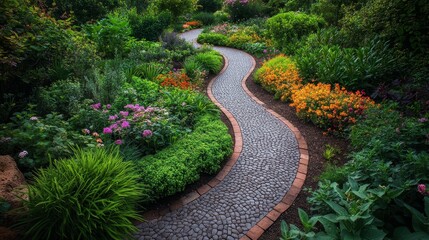 Obraz premium A circular pathway cutting through a rich botanical garden, bordered by unique and rare plant species, vibrant green hues and delicate blossoms
