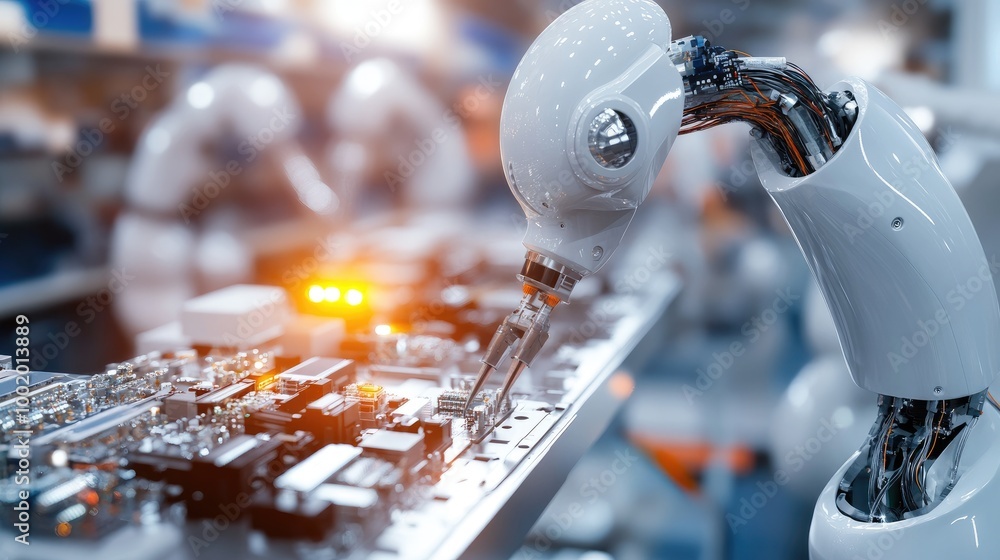 Poster robotic arm assembling circuit board in modern factory