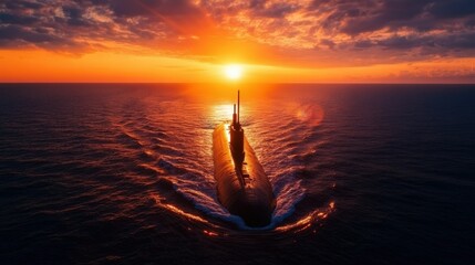 A ship sailing into a vibrant sunset, waves splashing, serene ocean view.