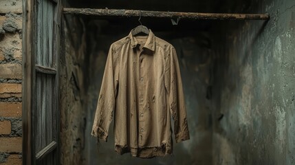 Fototapeta premium Stale shirt hanging in a dilapidated wardrobe, fabric fraying at the edges, musty clothing, abandonment