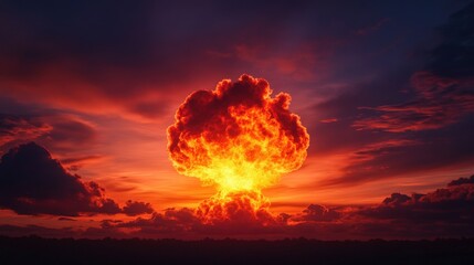 A dramatic explosion against a colorful sunset sky.