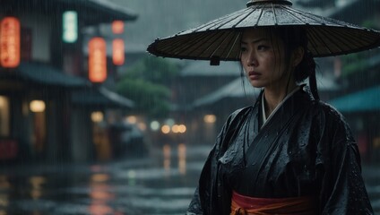 Person in black kimono standing in rain, wet street and umbrella